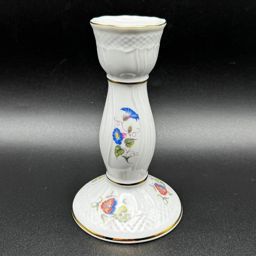 Hollohaza Hungary Hajnalka Porcelain Candlestick Floral Gold Trim Cottagecore